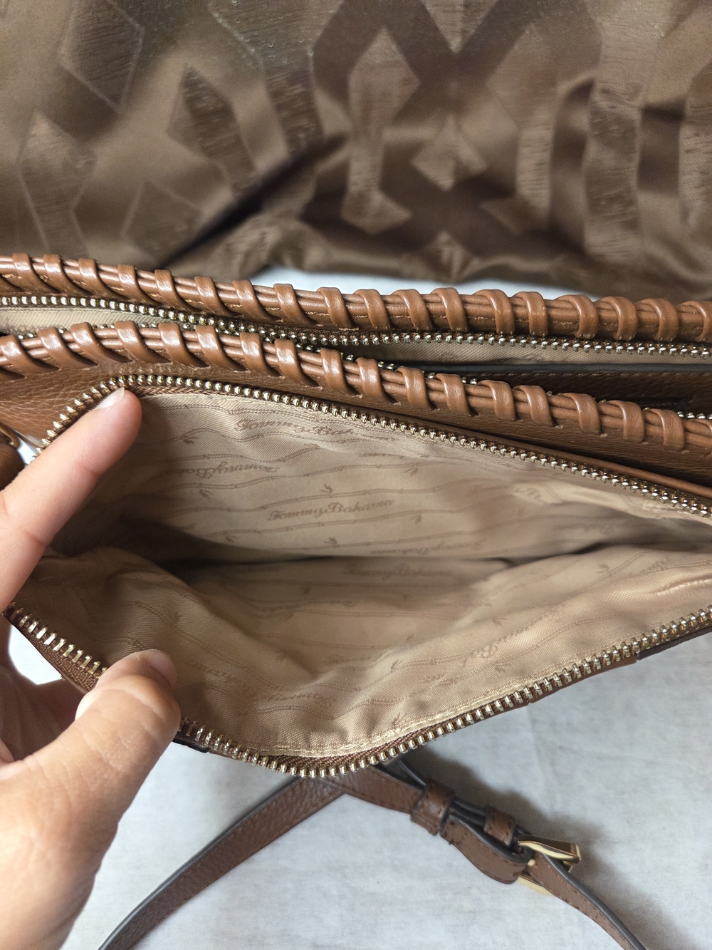 Tommy Bahama Patchwork Leather Crossbody Bag in Brown and Metallic Bronze - Picture 4 of 9